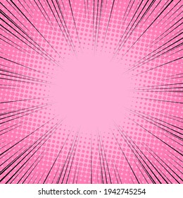 Radial Speed Line background. Vector illustration. Comic book black and pink radial lines background. Halftone.