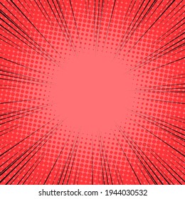Fondo de la línea de velocidad radial. Ilustración de un destello o un resplandor. Concentración en el centro de la composición. Ilustración vectorial. Fondo de las líneas radiales en negro y rojo del cómic. Medio tono.