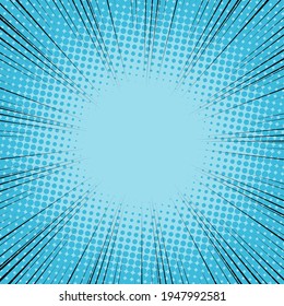 Radial Speed Line background. Vector illustration. Comic book black and blue radial lines background. Halftone.