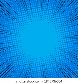 Radial Speed Line background. Vector illustration. Comic book black and blue radial lines background. Halftone.