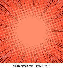Fondo de la línea de velocidad radial. Ilustración de un destello o un resplandor. Concentración en el centro de la composición. Ilustración vectorial. Fondo de las líneas radiales negras y anaranjadas del cómic. Medio tono.
