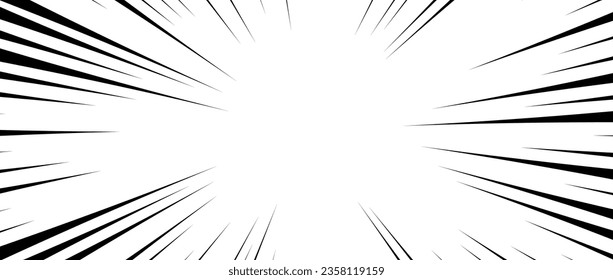 Radial speed lines background. Comic book explosion lines wallpaper. Abstract black and white flash frame design. Manga or anime cartoon light ray or beam burst. Blast or bang texture effect. Vector