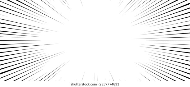 Radial speed lines background. Comic book explosion lines wallpaper. Abstract black and white flash frame design. Manga or anime cartoon light ray or beam sunburst. Vector effect illustration