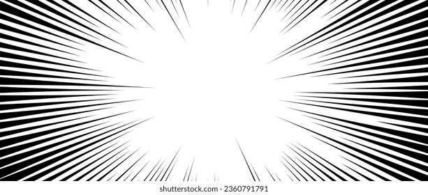 Radial speed lines background. Comic book explosion lines wallpaper. Abstract black and white flash frame design. Manga anime cartoon ray beam sunburst. Vector light effect illustration