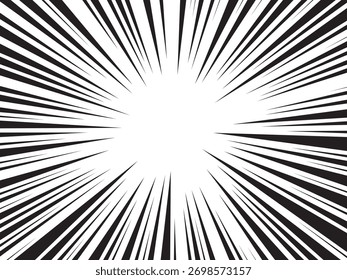 Radial speed lines background. Comic explosion lines wallpaper. Abstract black and white lightning effect frame design. Manga or anime cartoon sun rays.