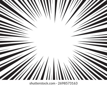 Fondo de líneas de velocidad radial. Fondo de pantalla de líneas de explosión cómica. Abstractas diseño de marco de efecto de relámpago en blanco y negro. Manga o anime de dibujos animados de rayos de sol.