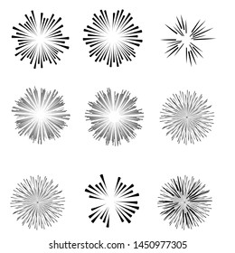 Radial speed Lines in Circle Form for comic books . fireworks Explosion background . Vector Illustration . Starburst
 round Logo . Circular Design element . Abstract Geometric star rays . Sunburst .