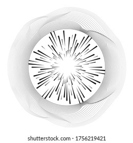 Líneas de velocidad radial en forma de círculo para historietas . fuegos artificiales Fondo de explosión . Ilustración vectorial. Starburst
 logotipo redondo. Elemento de diseño circular. Resumen Rayos de estrellas geométricas . Salto de sol.