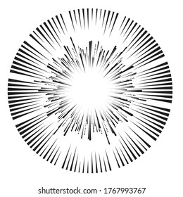 Radial speed Lines in Circle Form for comic books . Explosion background . Vector Illustration .Technology round Logo . Circular Design element . Abstract Geometric shape . Sunburst .
