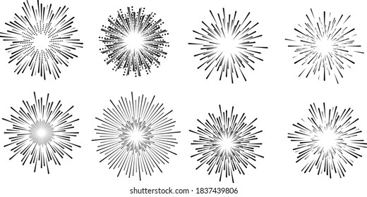 Radial speed Lines in Circle Form for comic books . fireworks Explosion background . Vector Illustration . Starburst
 round Logo . Circular Design element . Abstract Geometric star rays . Sunburst .