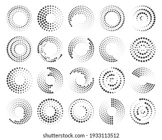 Radial speed Lines in circle form for comic books. Set of black thick halftone dotted speed lines. Design element for frame, logo, tattoo, web pages, prints, posters, template, background. Vector.