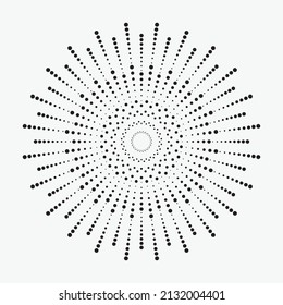 Ilustración vectorial de efecto semitono. Fondo de Sunburst blanco y negro con puntos. Resumen de elementos de diseño retro puntado para diversos propósitos.