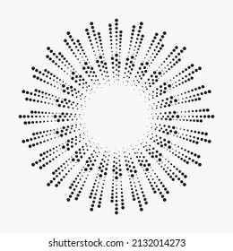Puntos radiales de medio tono en forma circular. Fondo de la explosión de fuegos artificiales. Logotipo redondo de arranque punteado. Elemento de diseño circular. Resumen Rayos de estrellas geométricas. Elemento de diseño con puntos de estilo retro.