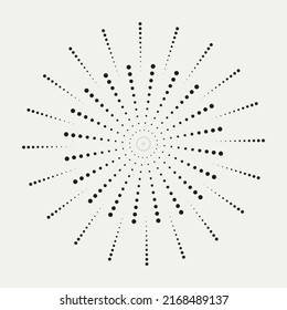 Puntos radiales de semitono en forma circular. Fondo de explosión de fuegos artificiales punteados. Logotipo redondo Starburst. Elemento de diseño circular. Resumen Rayos de estrellas geométricas.