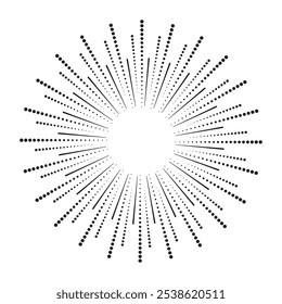 Linhas de velocidade radial em forma de círculo para revistas em quadrinhos. Plano de fundo de explosão do Fireworks. Ilustração vetorial. Logotipo redondo Starburst. Elemento de desenho circular. Raios estelares geométricos.
