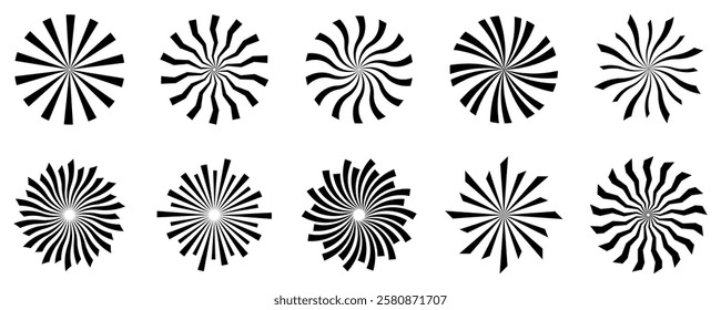 Radial speed lines in circle form for comic books. Fireworks explosion background. Vector illustration. Starburst round Logo. Circular design element. Abstract Geometric star rays.