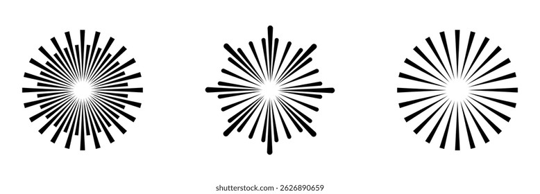 Radial speed lines in circle form for comic books. Fireworks explosion background. Vector illustration. Starburst round Logo. Circular design element. Abstract Geometric star rays.
