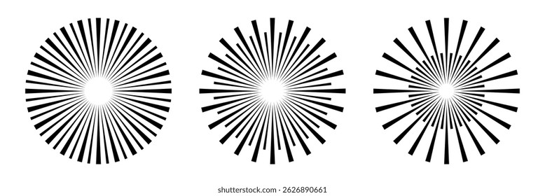 Radial speed lines in circle form for comic books. Fireworks explosion background. Vector illustration. Starburst round Logo. Circular design element. Abstract Geometric star rays.