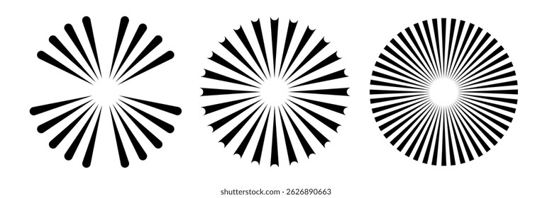 Radial speed lines in circle form for comic books. Fireworks explosion background. Vector illustration. Starburst round Logo. Circular design element. Abstract Geometric star rays.