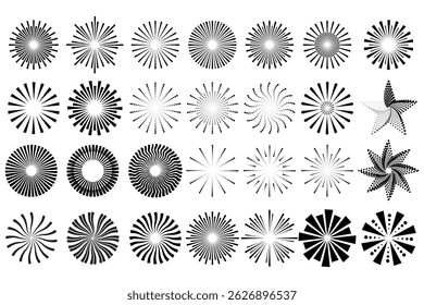 Radial speed lines in circle form for comic books. Fireworks explosion background. Vector illustration. Starburst round Logo. Circular design element. Abstract Geometric star rays.