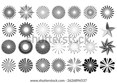 Radial speed lines in circle form for comic books. Fireworks explosion background. Vector illustration. Starburst round Logo. Circular design element. Abstract Geometric star rays.