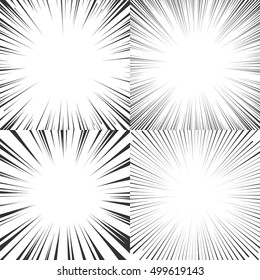 漫画 漫画 アニメのラジアルスピードライン 白い背景に黒い発散光線 ベクターイラストのセット パーティクルの爆発または高速移動 のベクター画像素材 ロイヤリティフリー