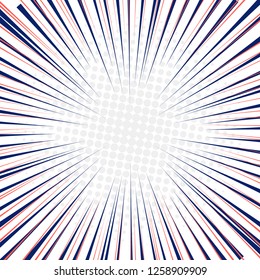 Radial speed lines fast motion background with circles halftone. Pop art pattern and zoom effect. Comic vector illustration