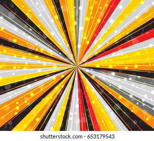 Radial speed lines with focus in the center. Abstract fractal background with bright colors rays, stripes. Zoom effect. Background with many falling tiny confetti pieces, rings, bokeh. Vector