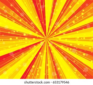 Radial speed lines with focus in the center. Abstract background with bright red yellow colors rays, stripes. Zoom effect. Background with many falling tiny confetti pieces, bokeh. Vector