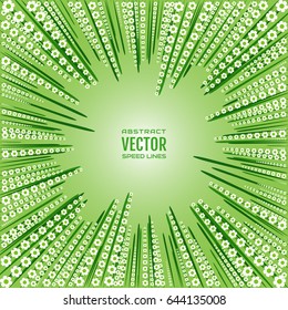 Radial speed lines of green rays and white flowers. Ecological, natural festive illustration with effect power explosion. Background gentle spring, summer. Free space in the center for your text