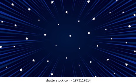 Radial speed lines and star patterns on dark blue background. Comic book element. Vector background.