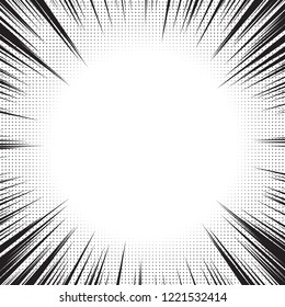 Radial speed lines with substrate of halftone effect. Background for comic books. Black and white vector illustration