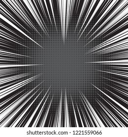 Radial speed lines with substrate of halftone effect. Background for comic books. Black and white vector illustration