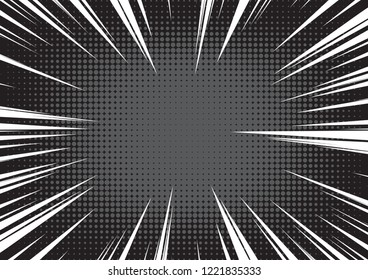 Radial speed lines with substrate of halftone effect. Background for comic books. Black and white vector illustration