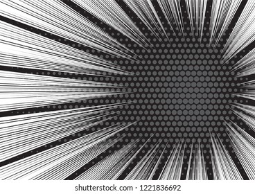 Radial speed lines with substrate of halftone effect. Background for comic books. Black and white vector illustration