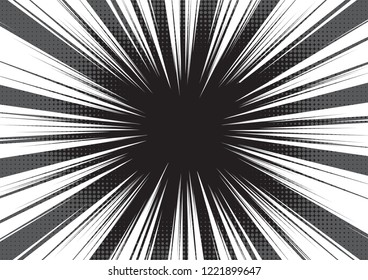 Radial speed lines with substrate of halftone effect, gradient of dots. Background for comic books. Black and white vector illustration
