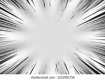Radial speed lines with substrate of halftone effect, gradient of dots. Background for comic books. Black and white vector illustration