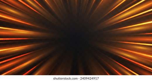 Radial speed rays, light neon flow, zoom in motion effect, orange glow speed lines, colorful light trails, perspective stripes. Abstract background, vector illustration.