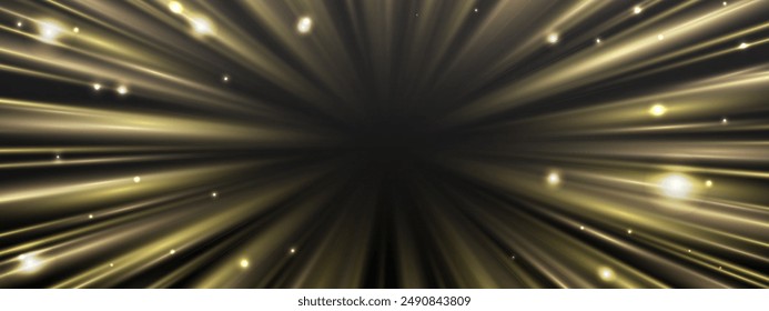 Radial speed rays, light neon flow, zoom in motion effect, gold glow speed lines, colorful light trails, perspective stripes. Abstract background, vector illustration.