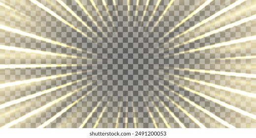 Radial speed rays, light neon flow, zoom in motion effect, gold glow speed lines, colorful light trails, perspective stripes. Abstract background, vector illustration.