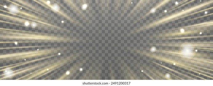 Radial speed rays, light neon flow, zoom in motion effect, gold glow speed lines, colorful light trails, perspective stripes. Abstract background, vector illustration.