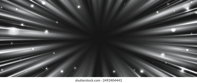 Radial speed rays, light neon flow, zoom in motion effect, silver glow speed lines, colorful light trails, perspective stripes Abstract background, vector illustration.