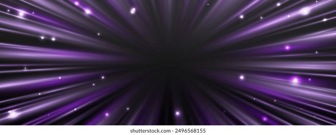 Radiale Geschwindigkeitsstrahlen, Neonlicht-Fluss, Zoom-Effekt, violette Glühlinien, bunte Lichtspuren, perspektivische Streifen. Abstrakter Hintergrund, Vektorgrafik.