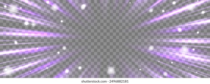 Radial speed rays, light neon flow, zoom in motion effect, purple glow speed lines, colorful light trails, perspective stripes. Abstract background, vector illustration.