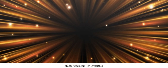 Rayos de velocidad radial, flujo de luz de neón, efecto de zoom en movimiento, líneas de velocidad de brillo naranja, senderos de luz coloridos, rayas de perspectiva. Fondo Abstractas, Ilustración vectorial.