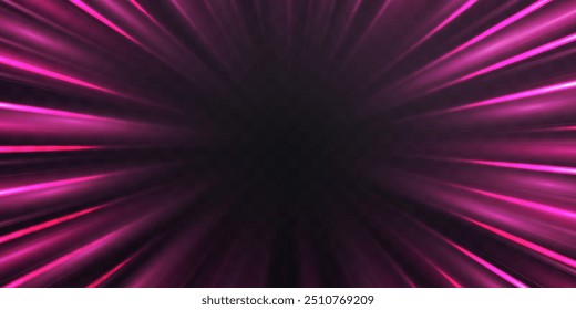 Rayos de velocidad radial, flujo de neón ligero, efecto de zoom en movimiento, líneas de velocidad de brillo rosado, senderos de luz coloridos, rayas de perspectiva, fondo Abstractas, Ilustración vectorial.