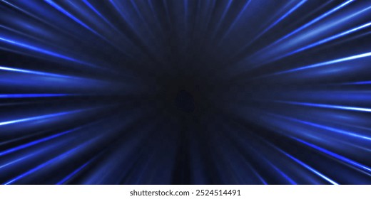 Raios de velocidade radial, fluxo de néon de luz, efeito de zoom em movimento, linhas de velocidade de brilho azul, trilhas de luz coloridas, listras de perspectiva. Fundo abstrato, ilustração vetorial.