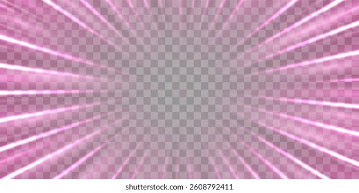 Radial speed rays, light neon flow, zoom in motion effect, pink glow speed lines, colorful light trails, perspective stripes Abstract background, vector illustration.