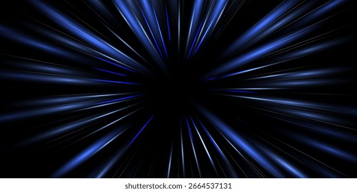 Radial speed rays, light neon flow, zoom in motion effect, blue glow speed lines, colorful light trails, perspective stripes Abstract background, vector illustration.