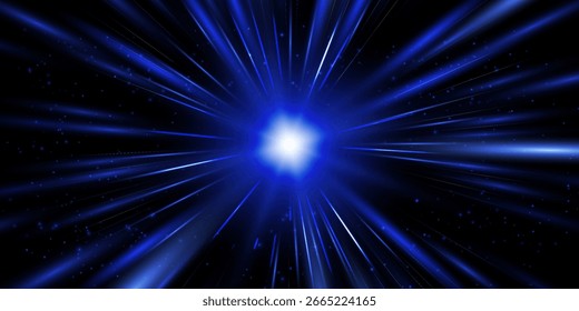 Rayos de velocidad radial, flujo de neón ligero, efecto de zoom en movimiento, líneas de velocidad de brillo azul, senderos de luz, rayas de perspectiva, fondo Abstractas, Ilustración vectorial.